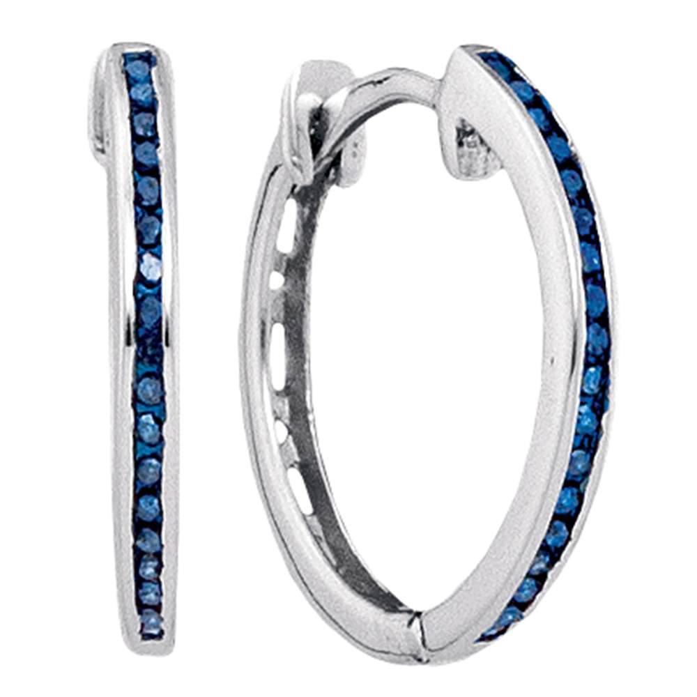 10k White Gold Blue Color Enhanced Round Diamond Womens Slender Unique Hoop Earrings 1/10 Cttw