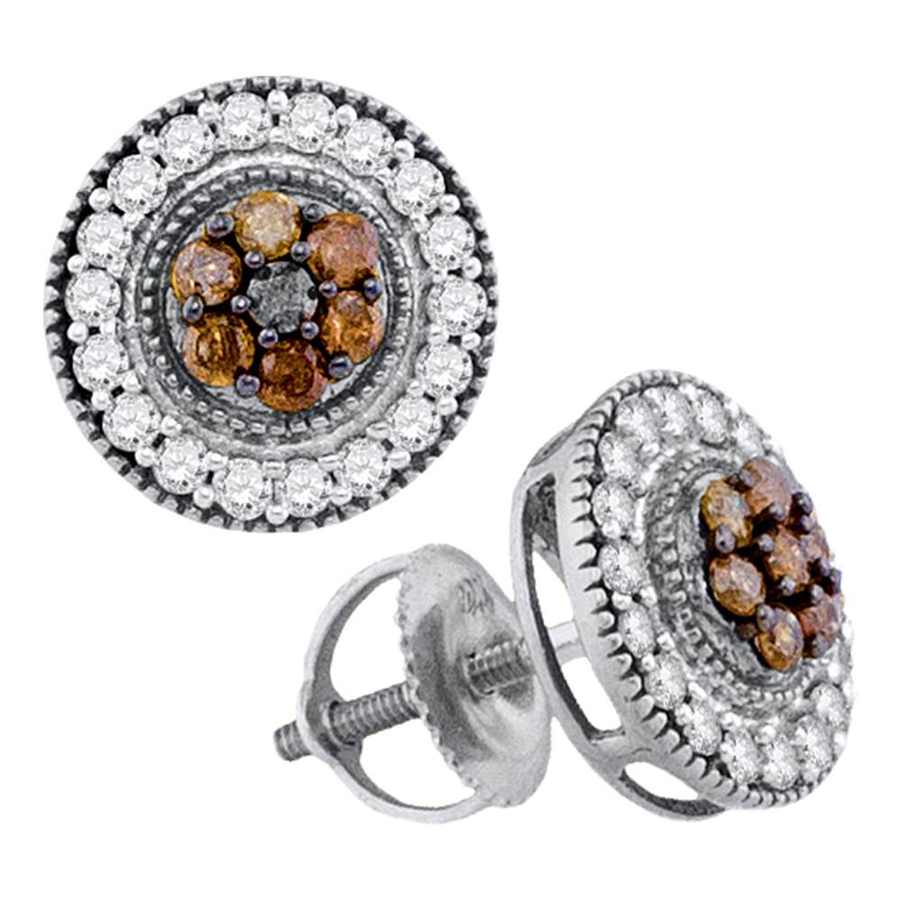 10kt White Gold Womens Round Cognac-brown Color Enhanced Diamond Cluster Stud Screwback Earrings 5/8 Cttw
