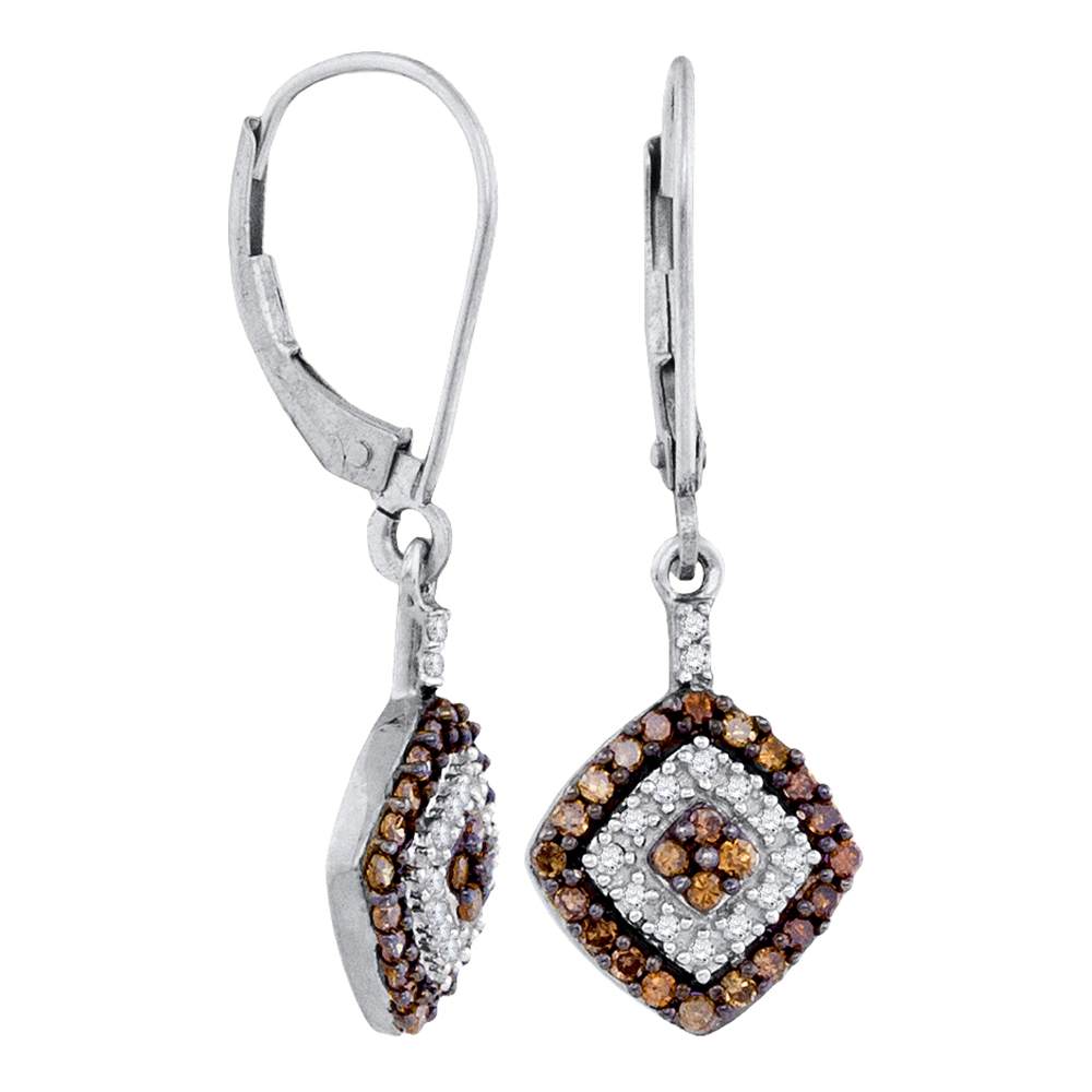 10kt White Gold Womens Round Cognac-brown Color Enhanced Diamond Square Dangle Earrings 1/2 Cttw
