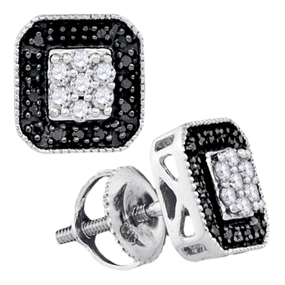 10kt White Gold Womens Round Black Color Enhanced Diamond Square Frame Cluster Earrings 1/4 Cttw