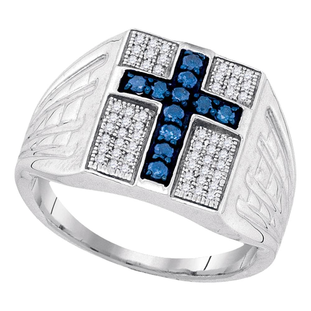 Sterling Silver Mens Round Blue Color Enhanced Diamond Cross Religious Ring 1/2 Cttw