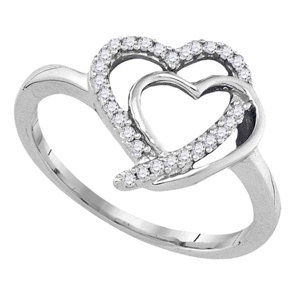 Sterling Silver Womens Round Diamond Double Joined Heartss Love Ring 1/6 Cttw