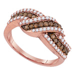 10kt Rose Gold Womens Round Cognac-brown Color Enhanced Diamond Crossover Band Ring 3/4 Cttw