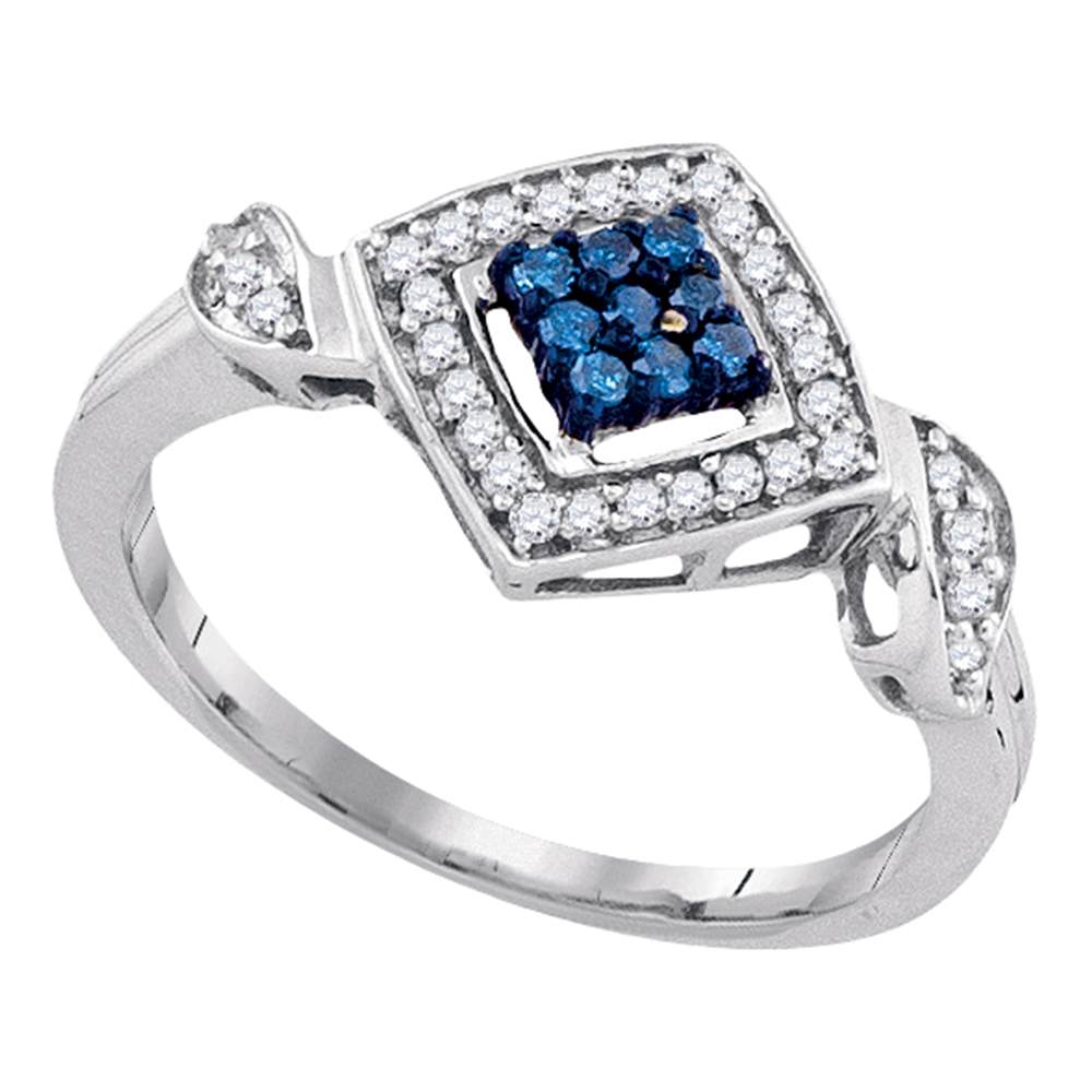 10kt White Gold Womens Round Blue Color Enhanced Diamond Diagonal Square Cluster Ring 1/4 Cttw