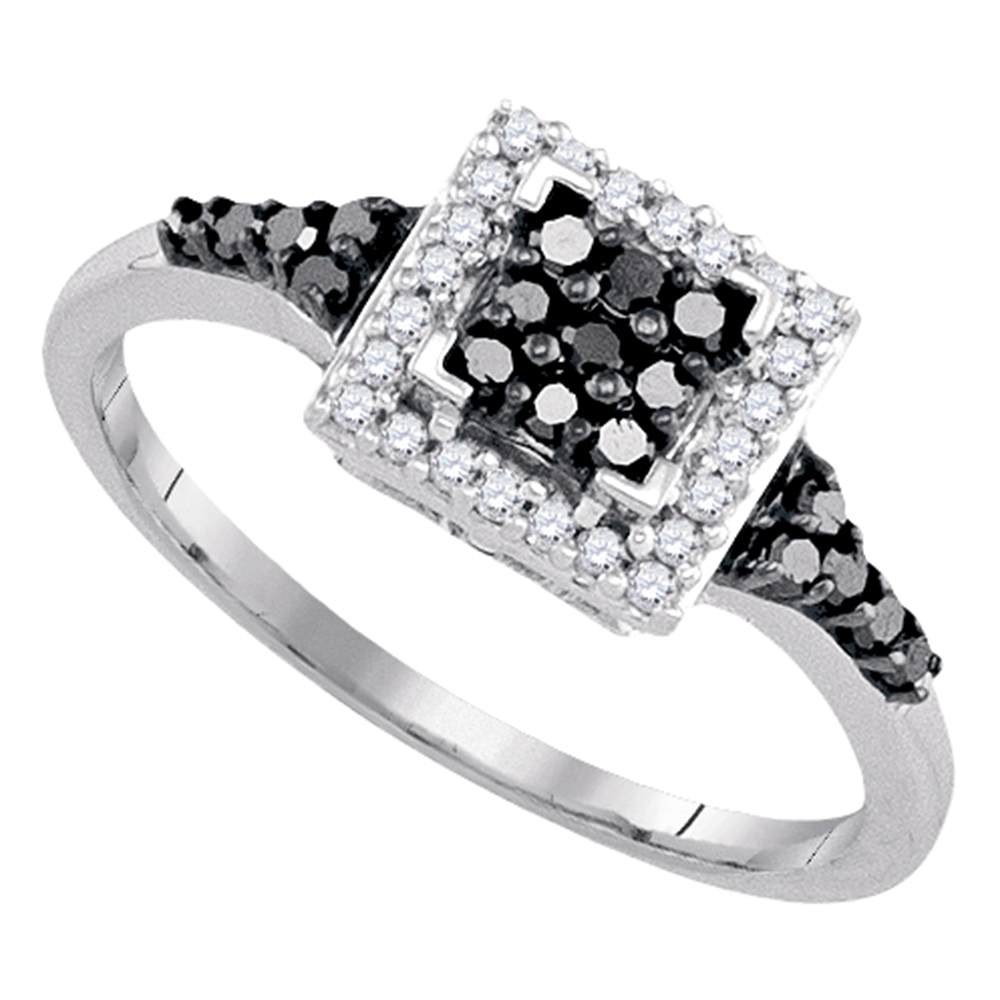 Sterling Silver Black Color Enhanced Round Diamond Womens Square Halo Cluster Ring 1/3 Cttw