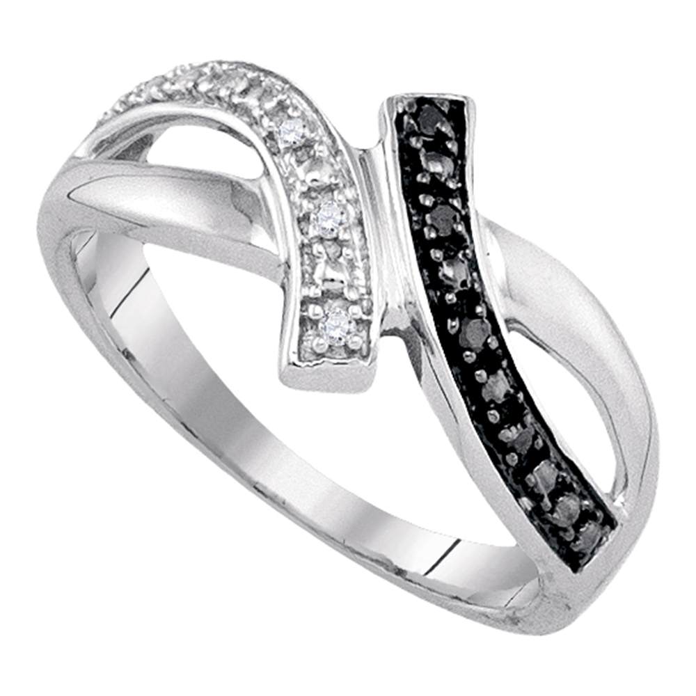 Sterling Silver Womens Round Black Color Enhanced Diamond Bypass Crossover Band Ring 1/20 Cttw