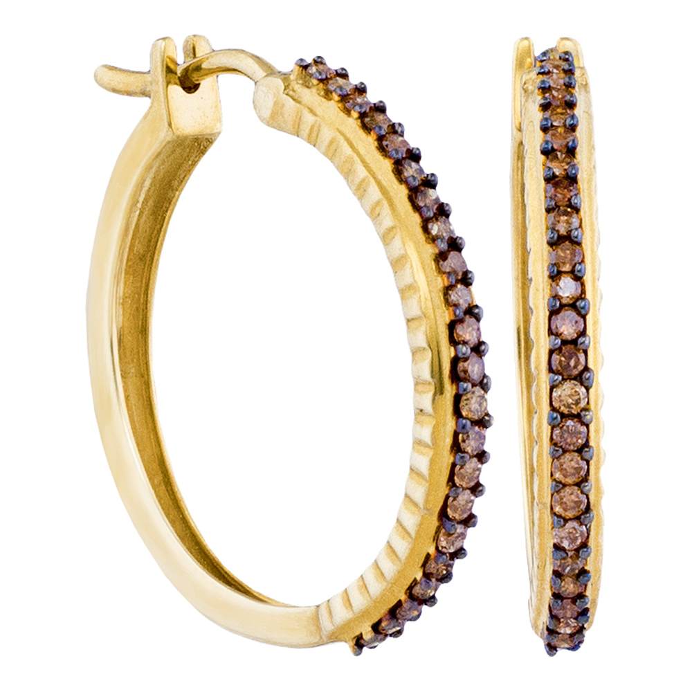 10kt Yellow Gold Womens Round Cognac-brown Color Enhanced Diamond Single Row Hoop Earrings 1/2 Cttw
