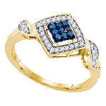 10kt Yellow Gold Womens Round Blue Color Enhanced Diamond Diagonal Square Cluster Ring 1/4 Cttw
