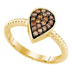 10kt Yellow Gold Womens Round Cognac-brown Color Enhanced Diamond Teardrop Cluster Ring 1/5 Cttw