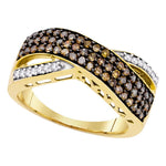 10kt Yellow Gold Womens Round Cognac-brown Color Enhanced Diamond Crossover Band Ring 3/4 Cttw