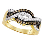 10kt Yellow Gold Womens Round Cognac-brown Color Enhanced Diamond Crossover Band Ring 1/2 Cttw