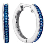 Sterling Silver Womens Round Blue Color Enhanced Diamond Single Row Hoop Earrings 1/10 Cttw