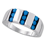 Sterling Silver Mens Round Blue Color Enhanced Channel-set Diamond Triple Row Band 1.00 Cttw