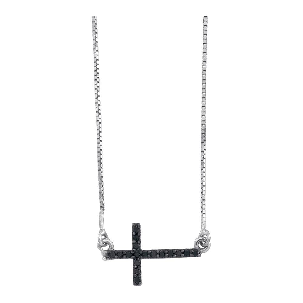 10k White Gold Black Color Enhanced Diamond Womens Small Horizontal Christian Cross Pendant 1/10 Cttw