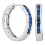 14k White Gold Womens Blue Color Enhanced Round Channel-Set Diamond Hoop Earrings 1/2 Cttw