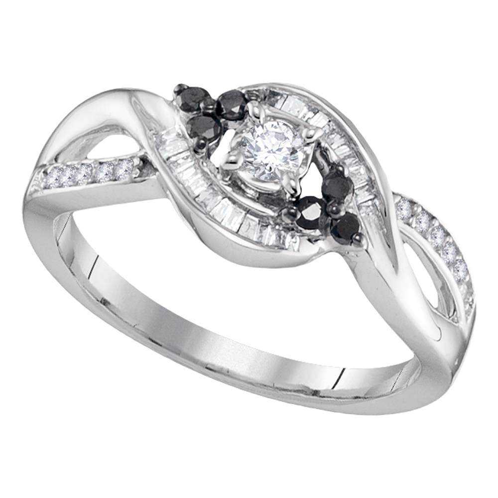10kt White Gold Womens Round Diamond Solitaire Black-accent Bridal Wedding Engagement Ring 1/3 Cttw