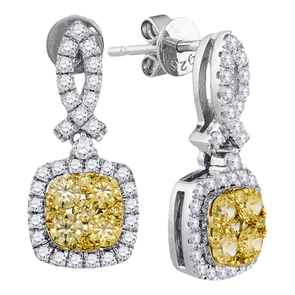 14kt White Gold Womens Round Yellow Diamond Square Frame Cluster Dangle Earrings 1-1/3 Cttw