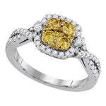 14kt White Gold Womens Round Natural Canary Yellow Diamond Square Cluster Ring 1.00 Cttw
