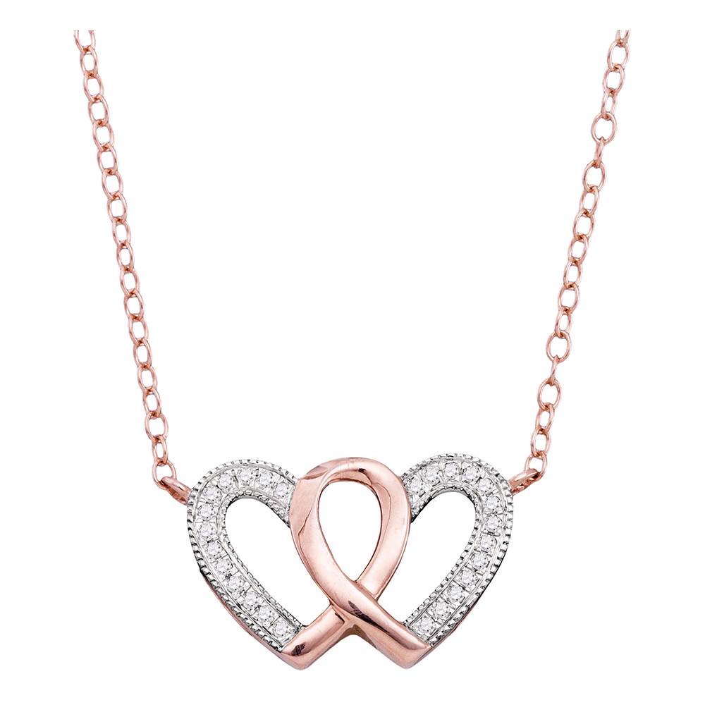 10kt Rose Gold Womens Round Diamond Double Heart Awareness Ribbon Pendant Necklace 1/10 Cttw