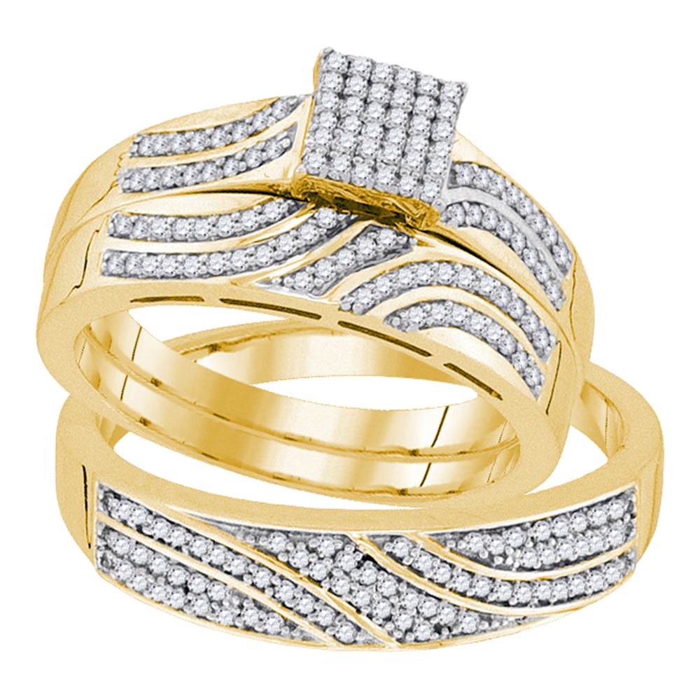 10kt Yellow Gold His & Hers Round Diamond Square Cluster Matching Bridal Wedding Ring Band Set 3/8 Cttw