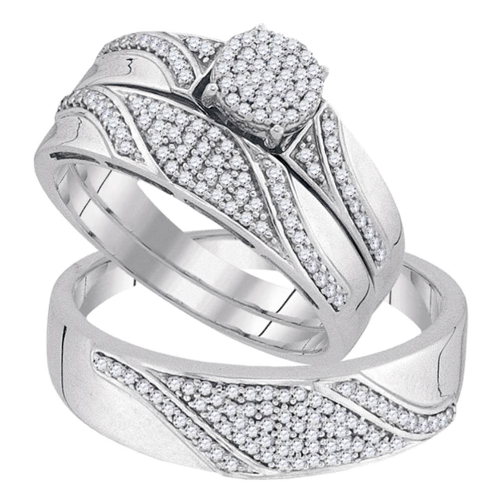 10kt White Gold His & Hers Round Diamond Cluster Matching Bridal Wedding Ring Band Set 1/2 Cttw
