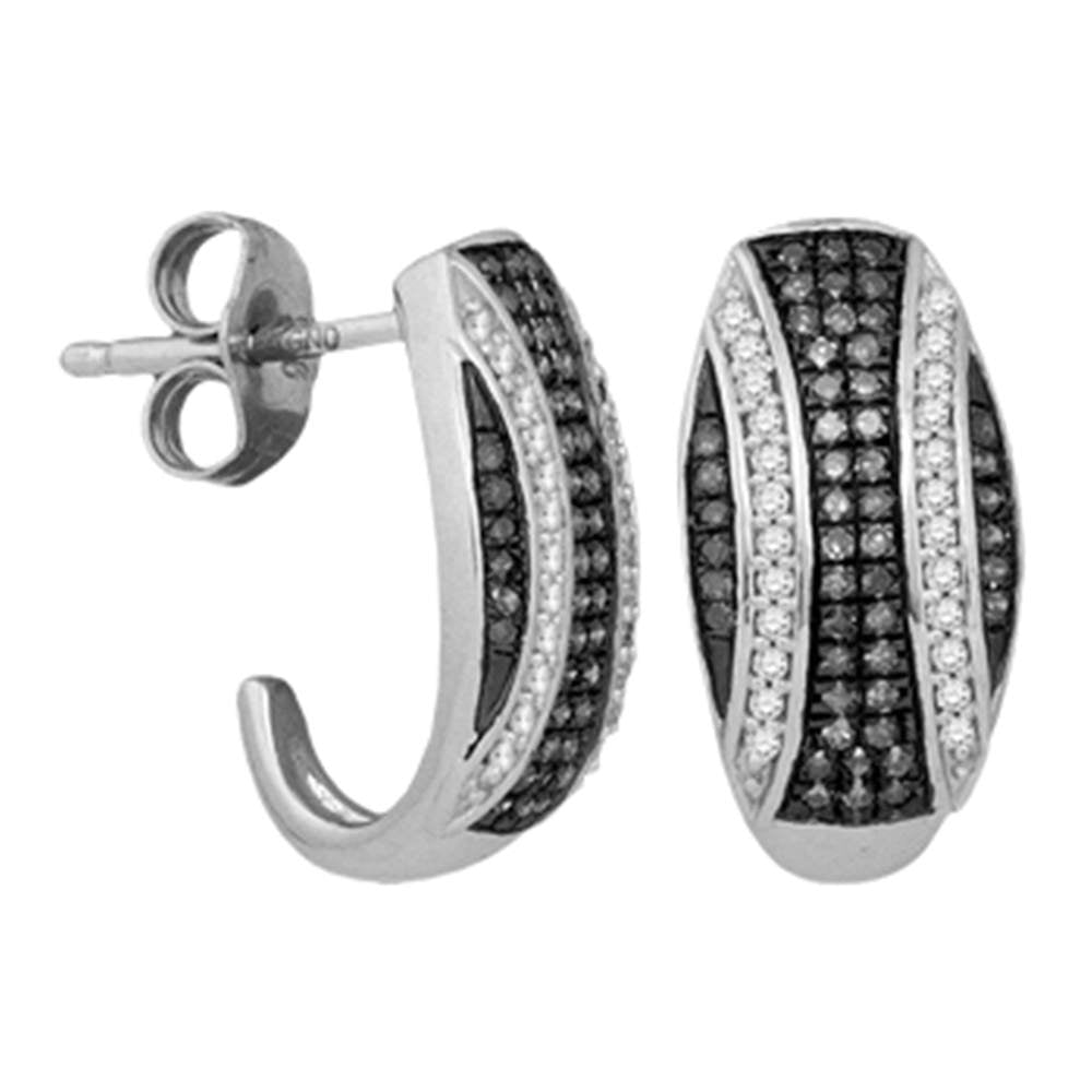 10kt White Gold Womens Round Black Color Enhanced Diamond Half J Hoop Earrings 3/8 Cttw