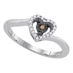 Sterling Silver Womens Round Cognac-brown Color Enhanced Diamond Heart Ring 1/10 Cttw