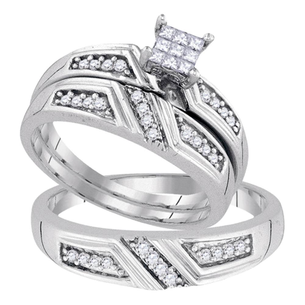 Sterling Silver His & Hers Princess Diamond Cluster Matching Bridal Wedding Ring Band Set 1/3 Cttw
