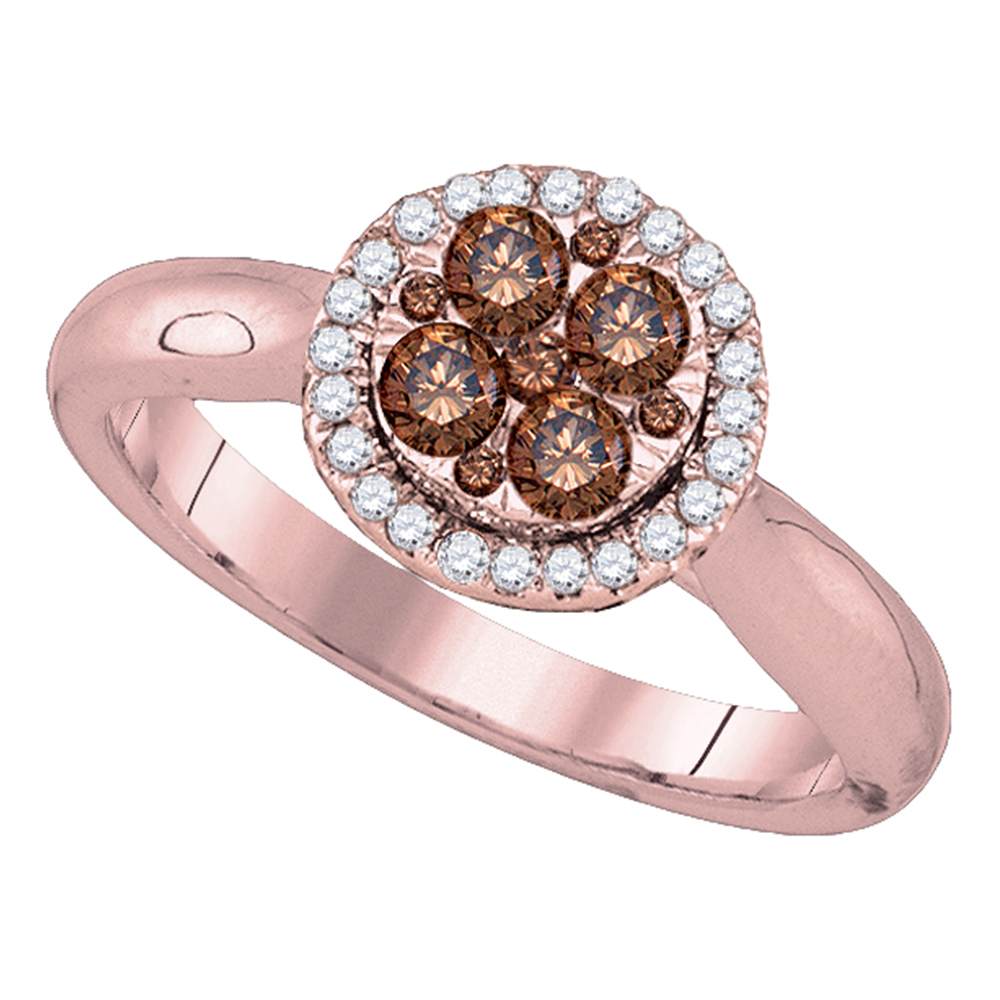 14kt Rose Gold Womens Round Brown Diamond Cluster Halo Bridal Wedding Engagement Ring 1/2 Cttw