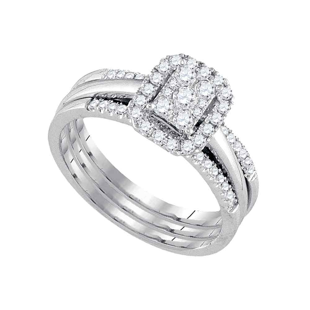 14kt White Gold Womens Diamond Cluster Amour Bridal Wedding Engagement Ring Band Set 1/2 Cttw