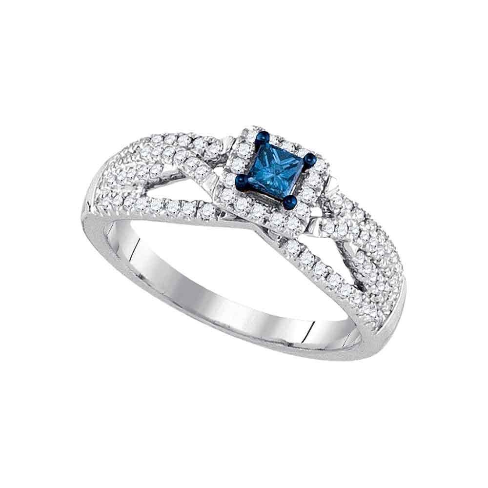 14kt White Gold Womens Princess Blue Color Enhanced Diamond Solitaire Bridal Wedding Engagement Ring 1/2 Cttw
