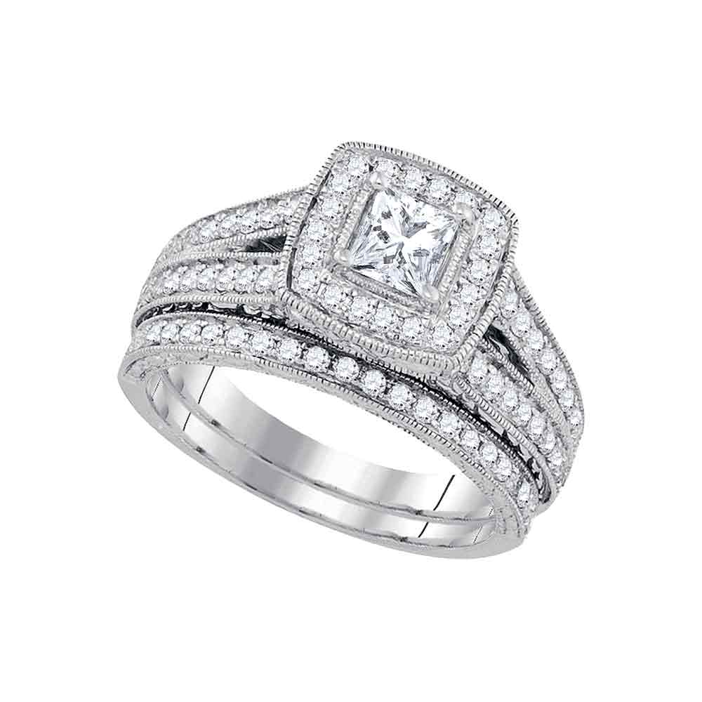 14kt White Gold Princess Diamond Halo Bridal Wedding Engagement Ring Band Set 1-1/4 Cttw