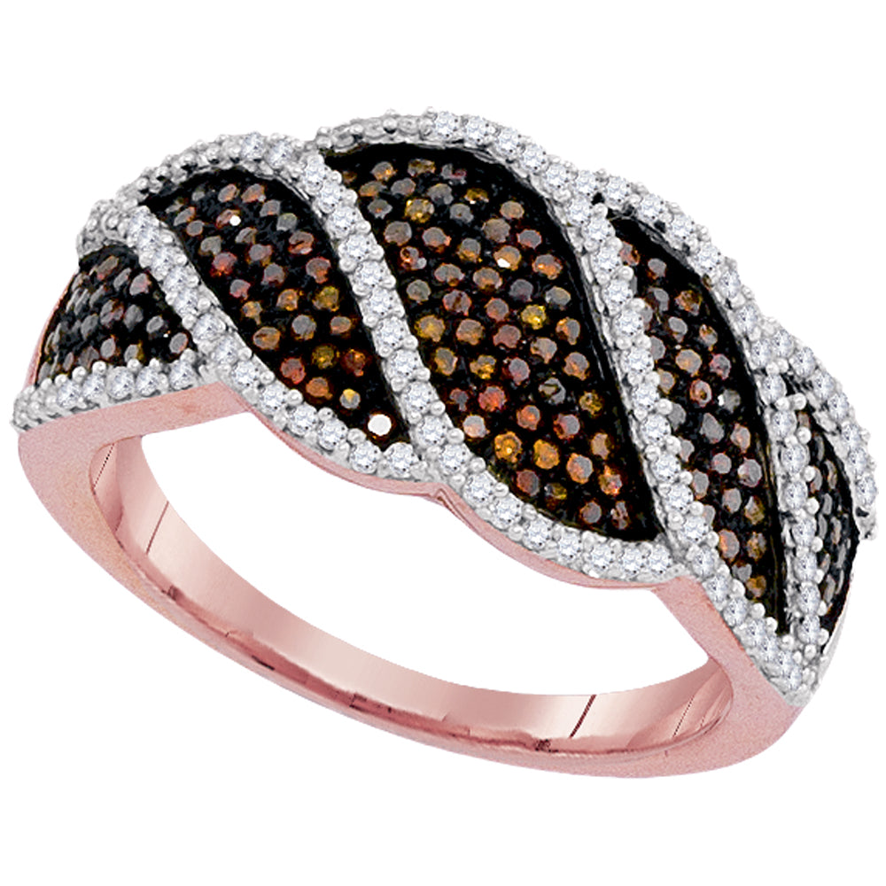 10kt Rose Gold Womens Round Red Color Enhanced Diamond Striped Band Ring 3/4 Cttw