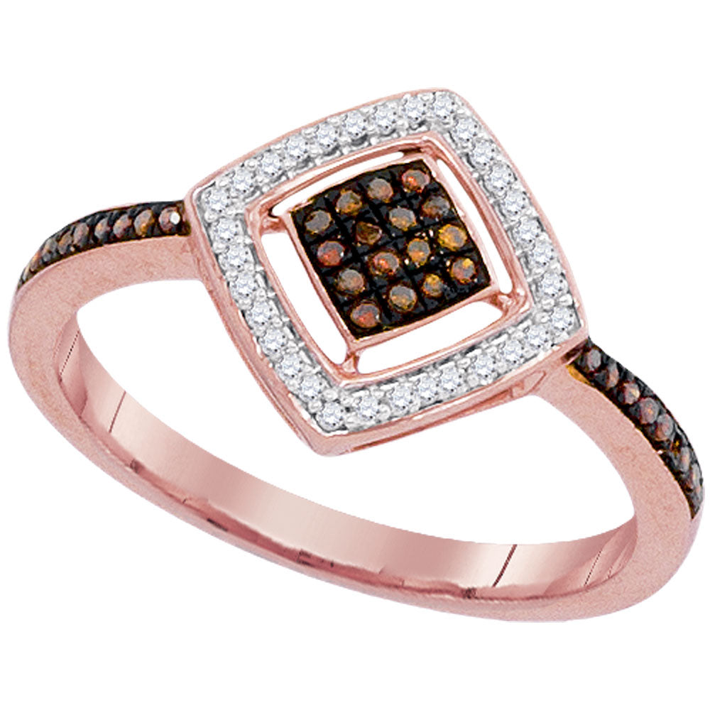 10kt Rose Gold Womens Round Red Color Enhanced Diamond Diagonal Square Frame Cluster Ring 1/5 Cttw