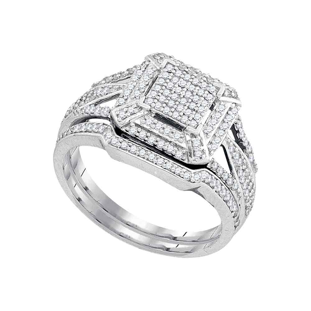 10kt White Gold Womens Diamond Cluster Bridal Wedding Engagement Ring Band Set 1/2 Cttw