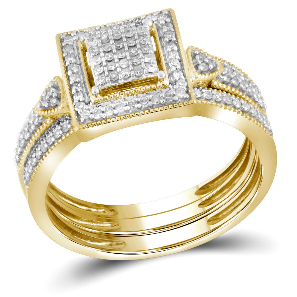 10kt Yellow Gold Womens Diamond Square 3-Piece Bridal Wedding Engagement Ring Band Set 1/3 Cttw