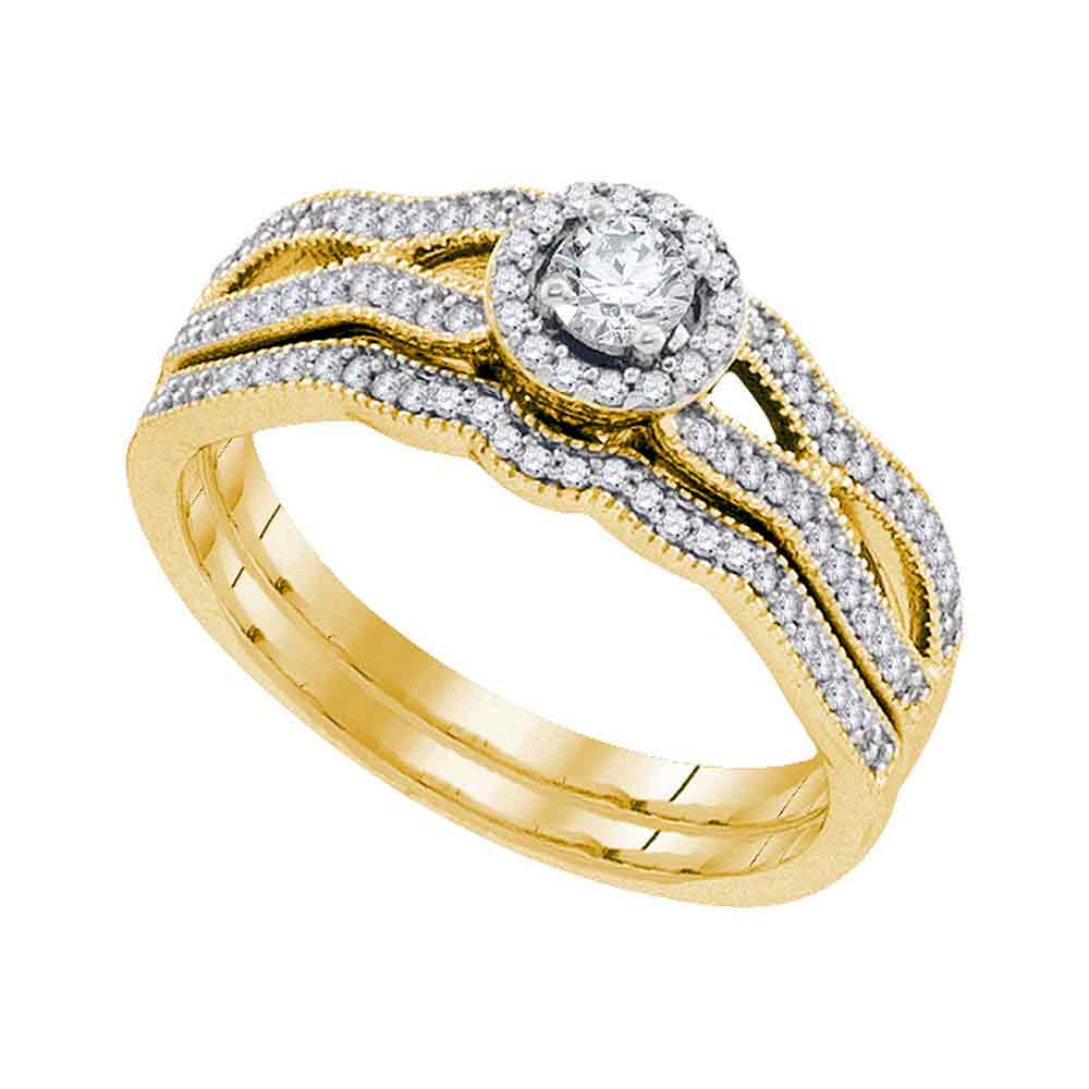 10kt Yellow Gold Womens Round Diamond Milgrain Bridal Wedding Engagement Ring Band Set 3/8 Cttw