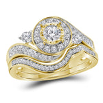14kt Yellow Gold Womens Round Diamond Halo Bridal Wedding Engagement Ring Band Set 5/8 Cttw