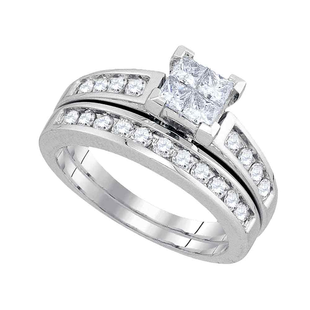 14kt White Gold Womens Princess Diamond Bridal Wedding Engagement Ring Band Set 1.00 Cttw