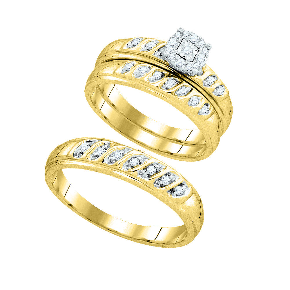 10k Yellow Gold Round Diamond Matching Trio Mens Womens Wedding Bridal Ring Set 1/3 Cttw