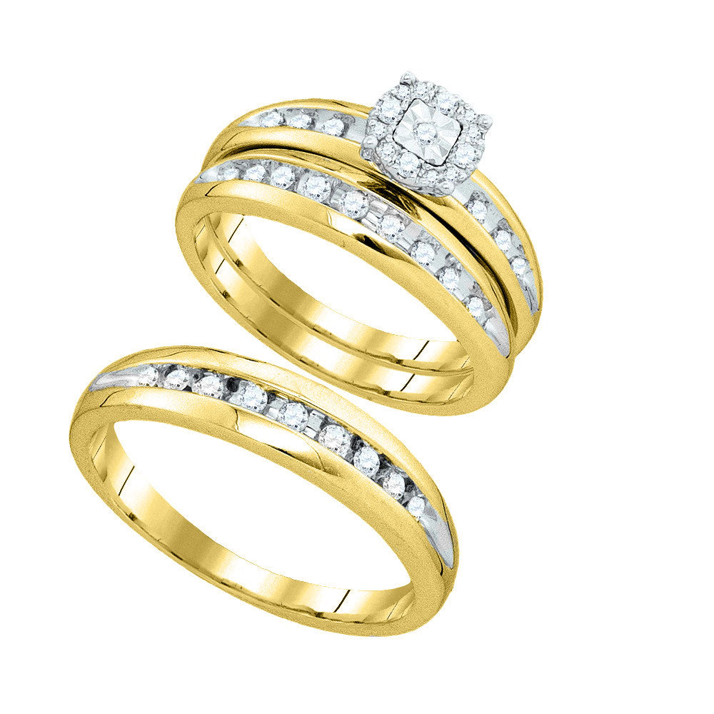 10k Yellow Gold Round Diamond Cluster Mens Womens Matching Halo Trio Wedding Bridal Ring Set 3/8 Cttw