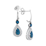 10kt White Gold Womens Round Blue Color Enhanced Diamond Teardrop Dangle Earrings 1/2 Cttw