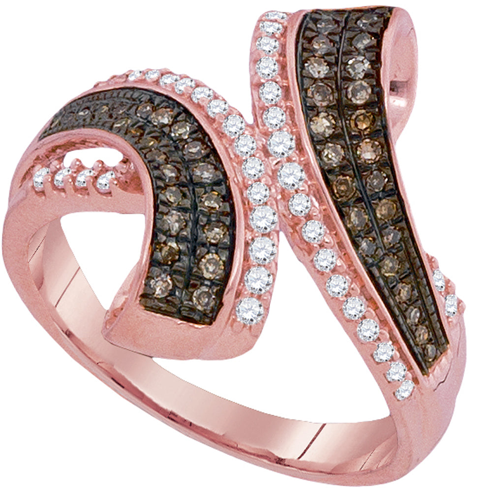 10kt Rose Gold Womens Round Cognac-brown Color Enhanced Diamond Bypass Band Ring 1/2 Cttw