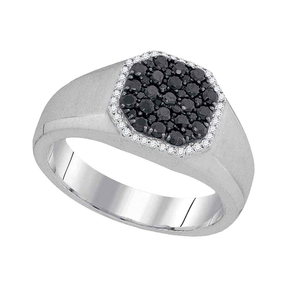 10kt White Gold Mens Round Black Color Enhanced Diamond Octagon Frame Cluster Ring 3/4 Cttw