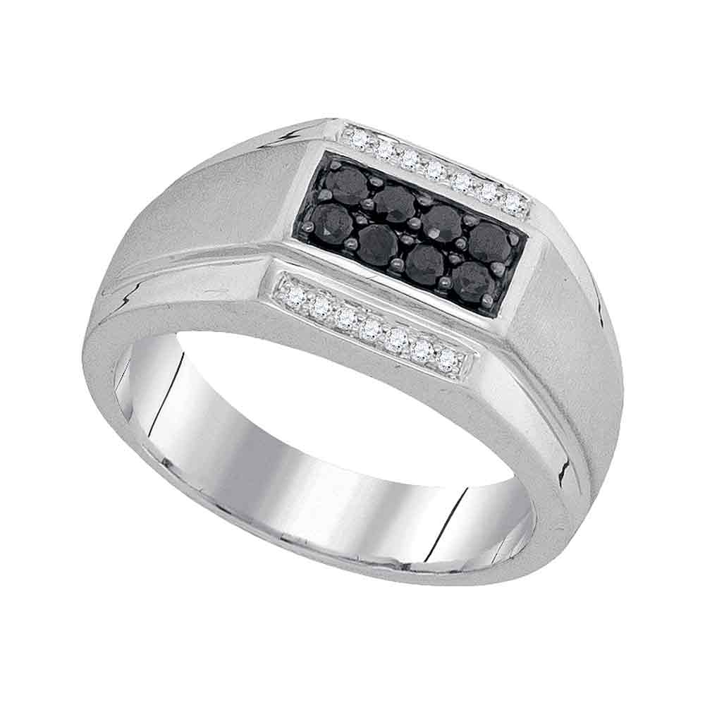 10kt White Gold Mens Round Black Color Enhanced Diamond Rectangle Cluster Ring 3/8 Cttw