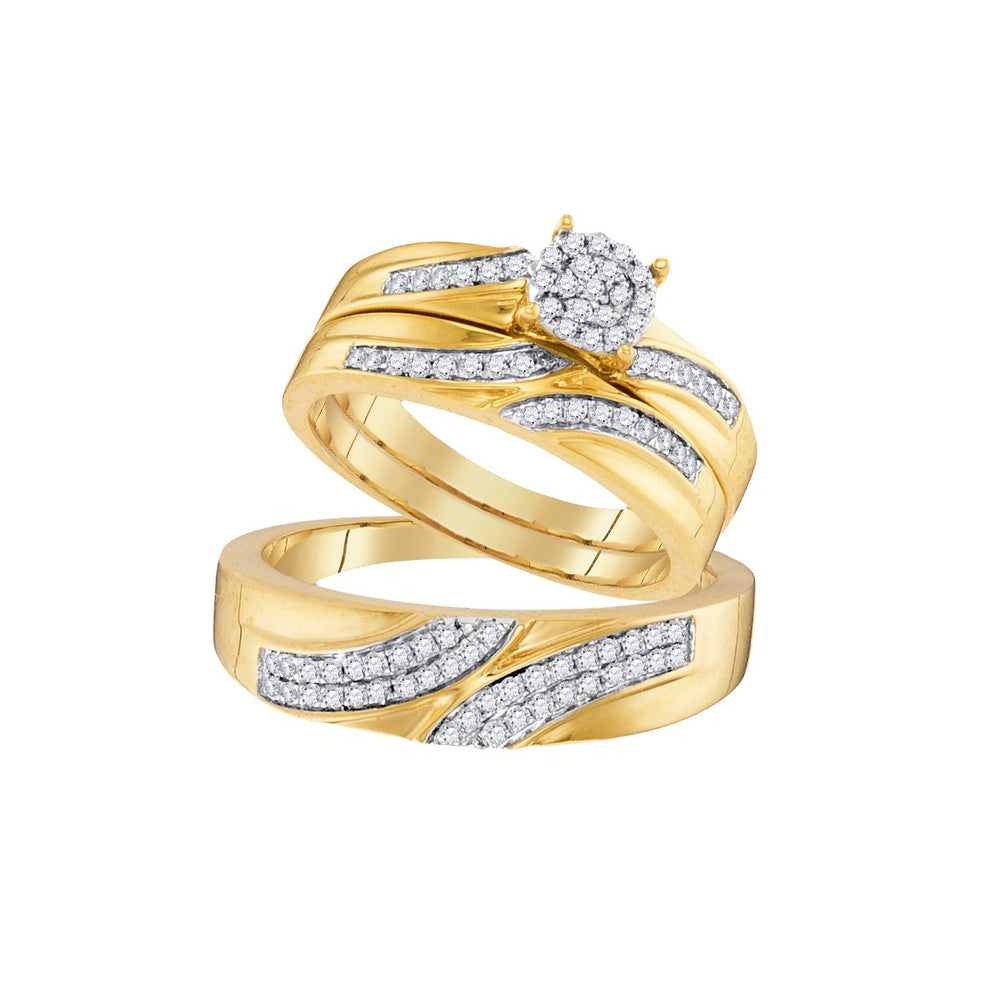 10kt Yellow Gold His & Hers Round Diamond Cluster Matching Bridal Wedding Ring Band Set 3/8 Cttw