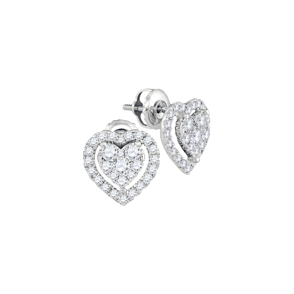 14kt White Gold Womens Round Diamond Heart Frame Cluster Stud Earrings 5/8 Cttw