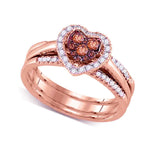 14kt Rose Gold Womens Round Cognac-brown Color Enhanced Diamond Heart Cluster Bridal Wedding Engagement Ring Band Set 1/2 Cttw