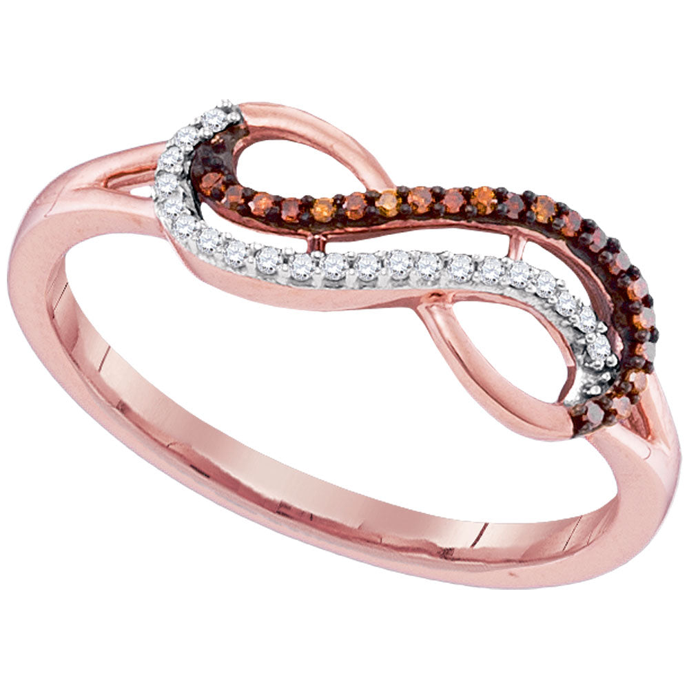10kt Rose Gold Womens Round Red Color Enhanced Diamond Infinity Ring 1/10 Cttw