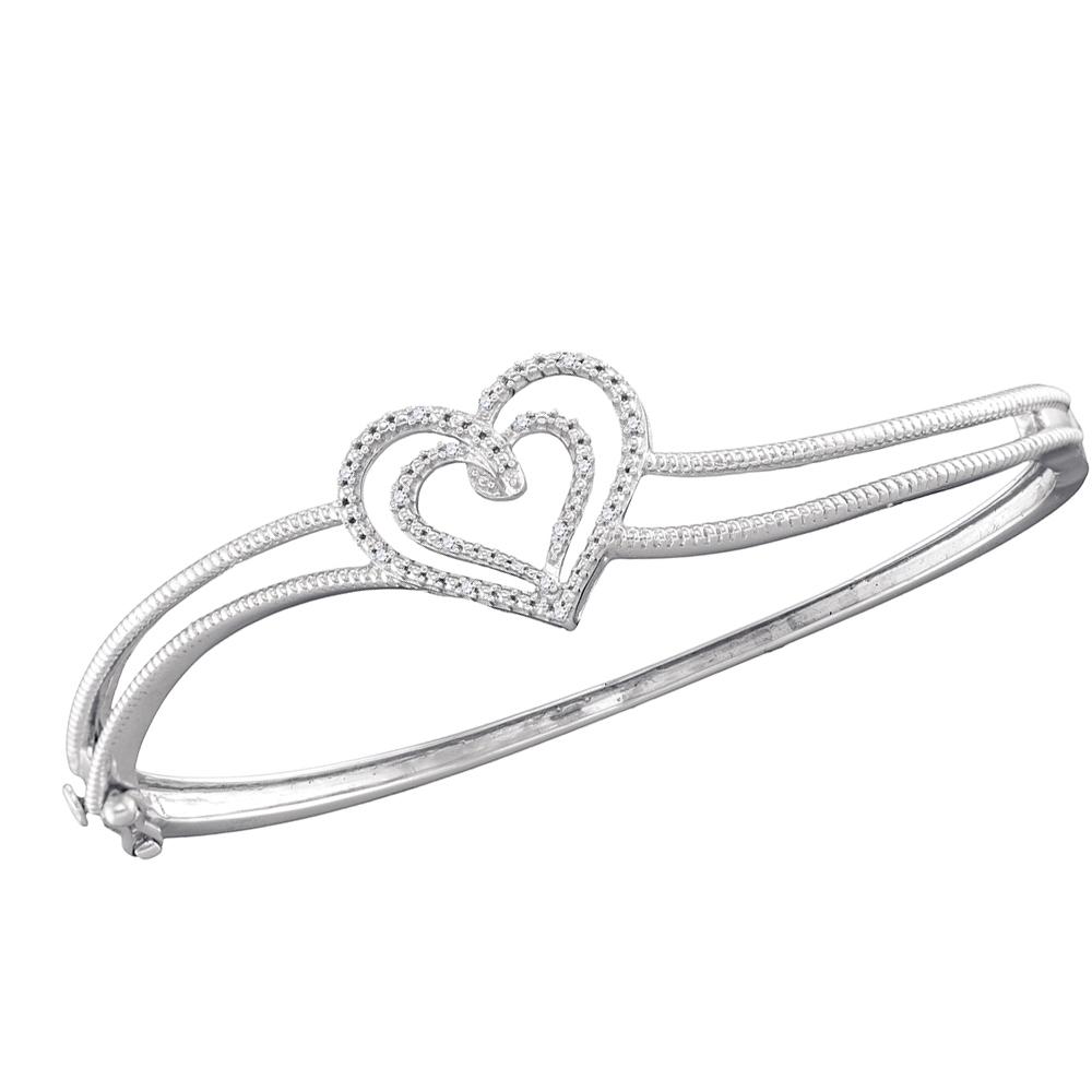 Sterling Silver Womens Round Diamond Double Heart Bangle Bracelet 1/20 Cttw